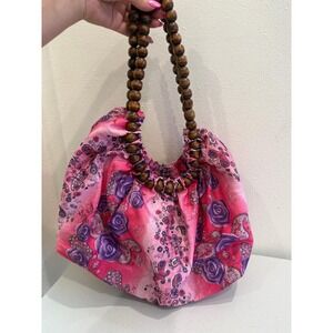 Pink Purple Floral Paisley Hobo Bag Wooden Bead Handle Satin Boho Handbag